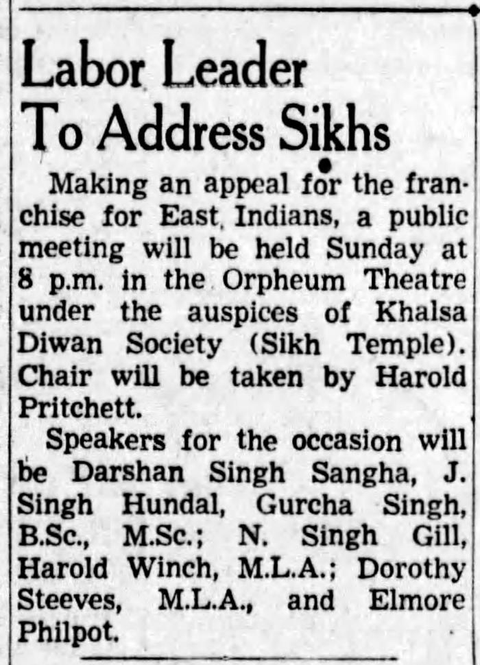 [Newspaper clipping titled, "Labour leader to address Sikhs"]