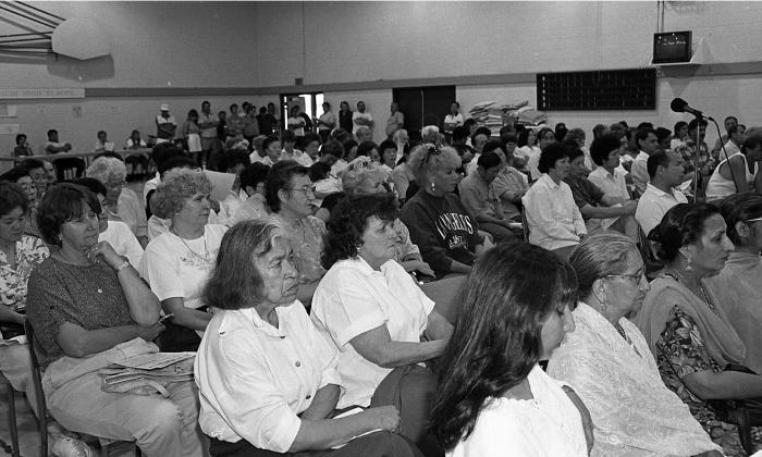 [Photo of United Fishermen and Allied Workers Union (UFAWU) members at the union meeting in Steveston]