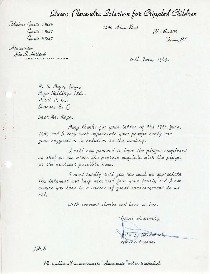 [Letter from John S. Holdstock to Rajindi S. Mayo]