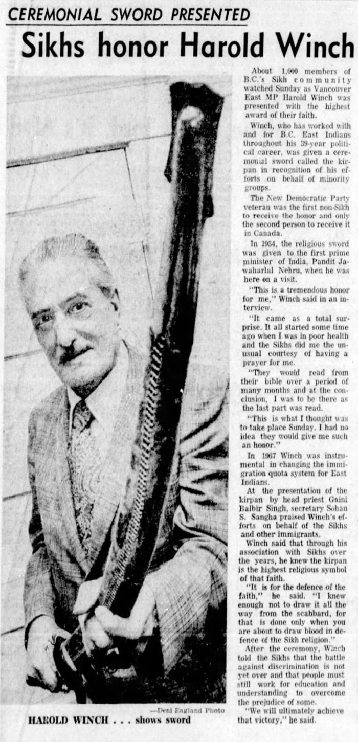 [Newspaper clipping titled, Sikh honor Harold Winch"]