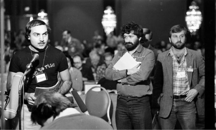 [Photo of Raj Chouhan speaking as a delegate at the BC Federation of Labour Convention]