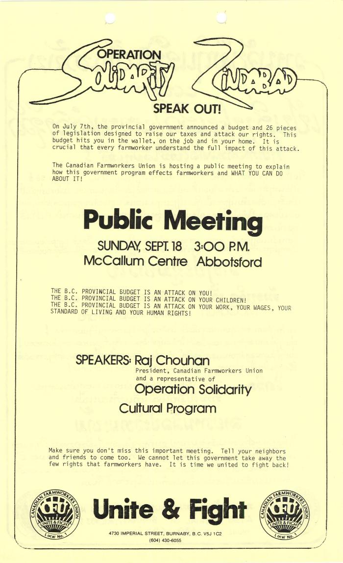 [Public meeting invitation, Canadian Farmworkers Union]