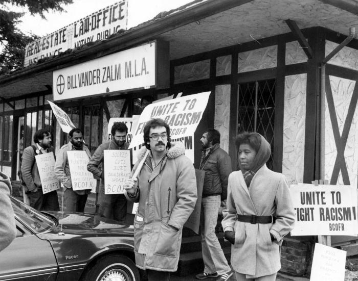 [Photo of protestors of BC Organization to Fight Racism outside of the office of Social Credit Premier, Bill Vander Zalm, MLA]