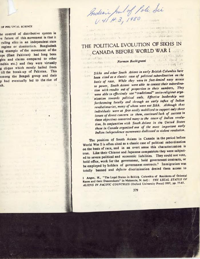 The Political Education of Sikhs in Canada before World War I