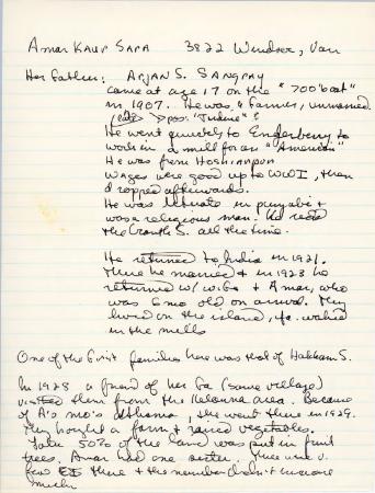 [Handwritten research notes on immigration and life history of Aman Kaur Sara]