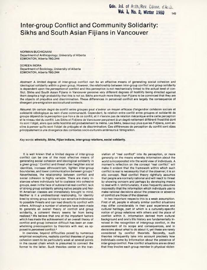Inter-group Conflict and Community Solidarity: Sikhs and South Asian Fijians in Vancouver