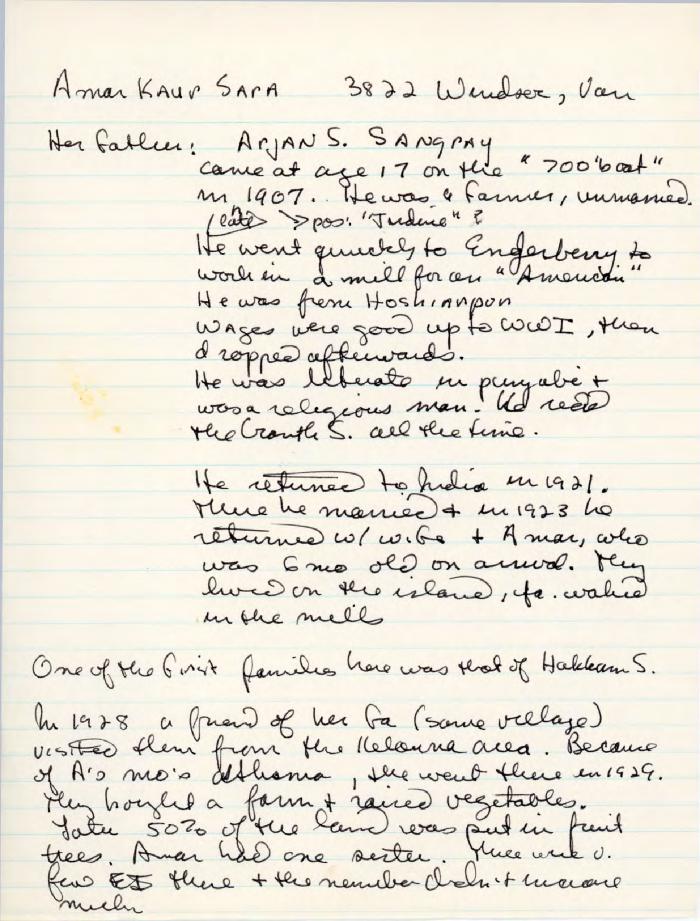 [Handwritten research notes on immigration and life history of Aman Kaur Sara]