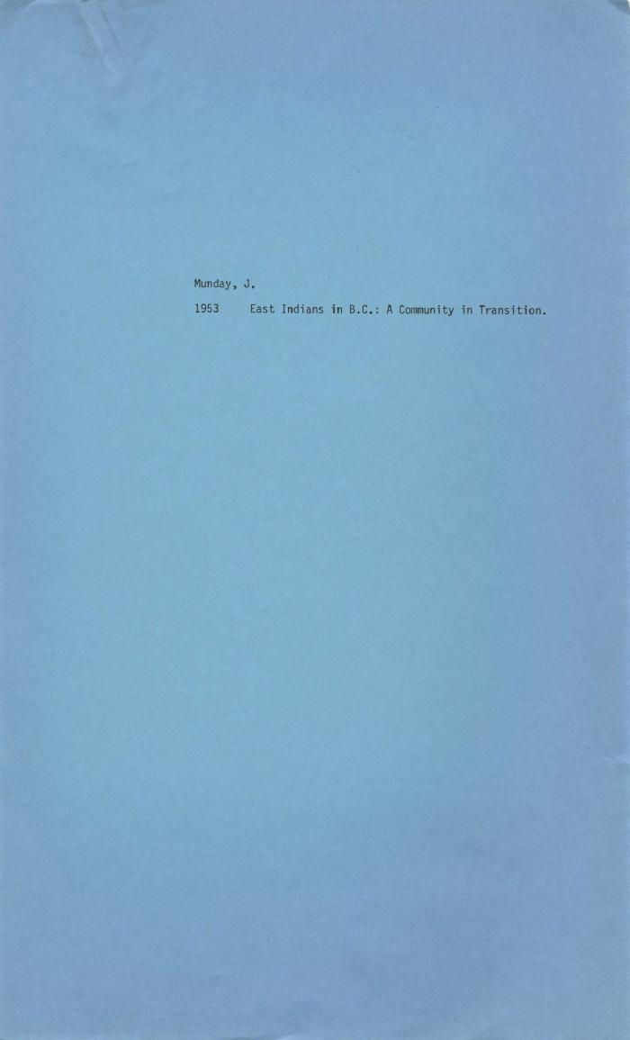 [Handwritten notes on "East Indians in B. C.: A Community in Transition"]