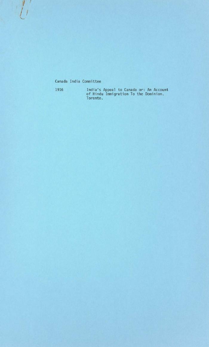 India's Appeal to Canada or An Account of Hindu Immigration to the Dominion