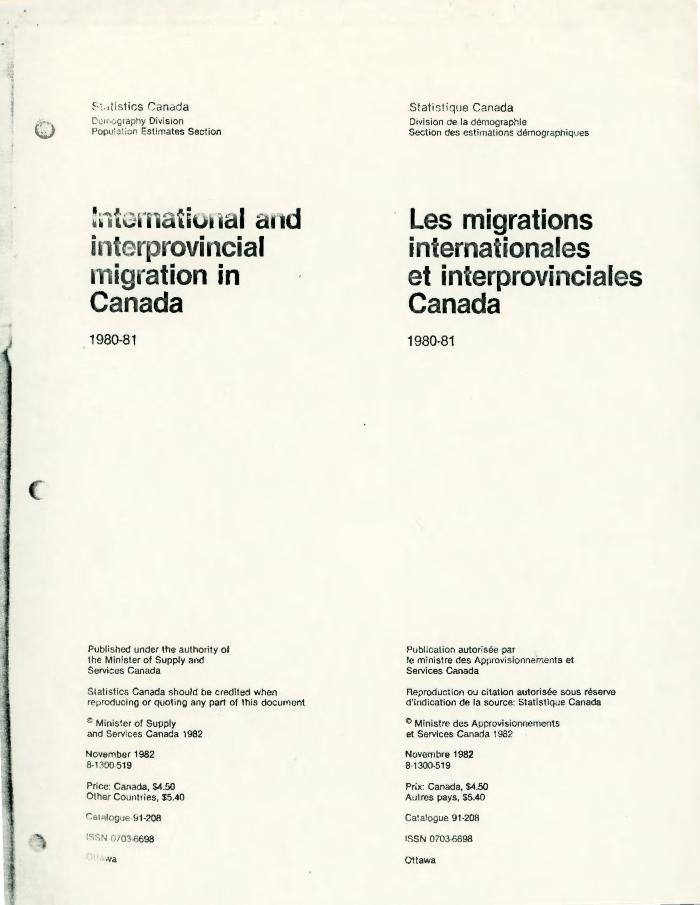 International and Interprovincial Migration in Canada 1980-81