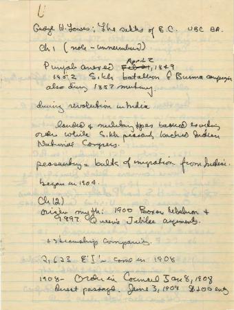 [Handwritten notes on the essays, "Sikhs of British Columbia" and "A Glance at B. C. and Vancouver Island in 1861"]