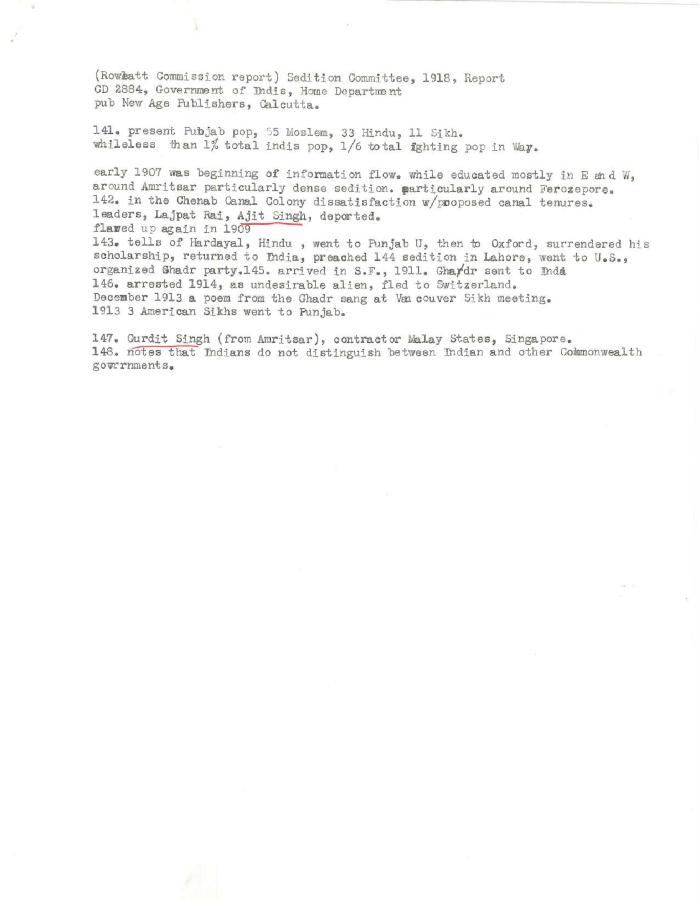 [Typewritten notes on excerpt of "Sedition Committee Report, CD2844, Home Department"]