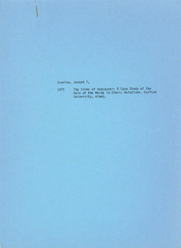 [Handwritten notes on "The Sikhs of Vancouver: A Case Study of the Role of Media in Ethnic Relations"]