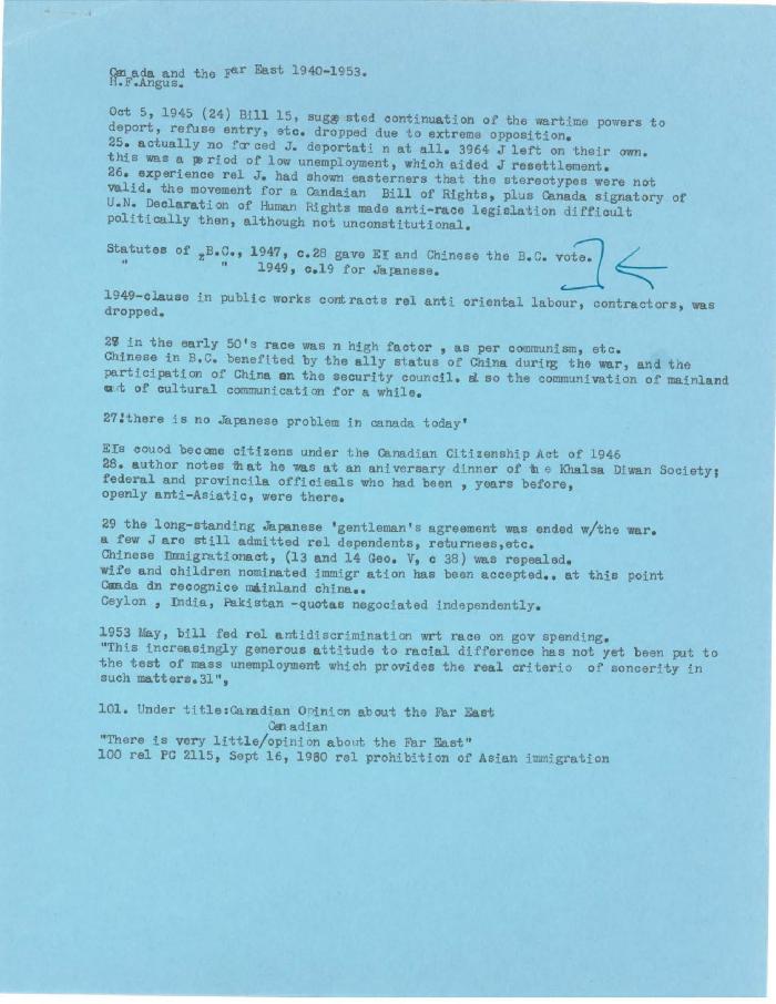 [Typewritten notes on "Canada and the Far East 1940-1953"]