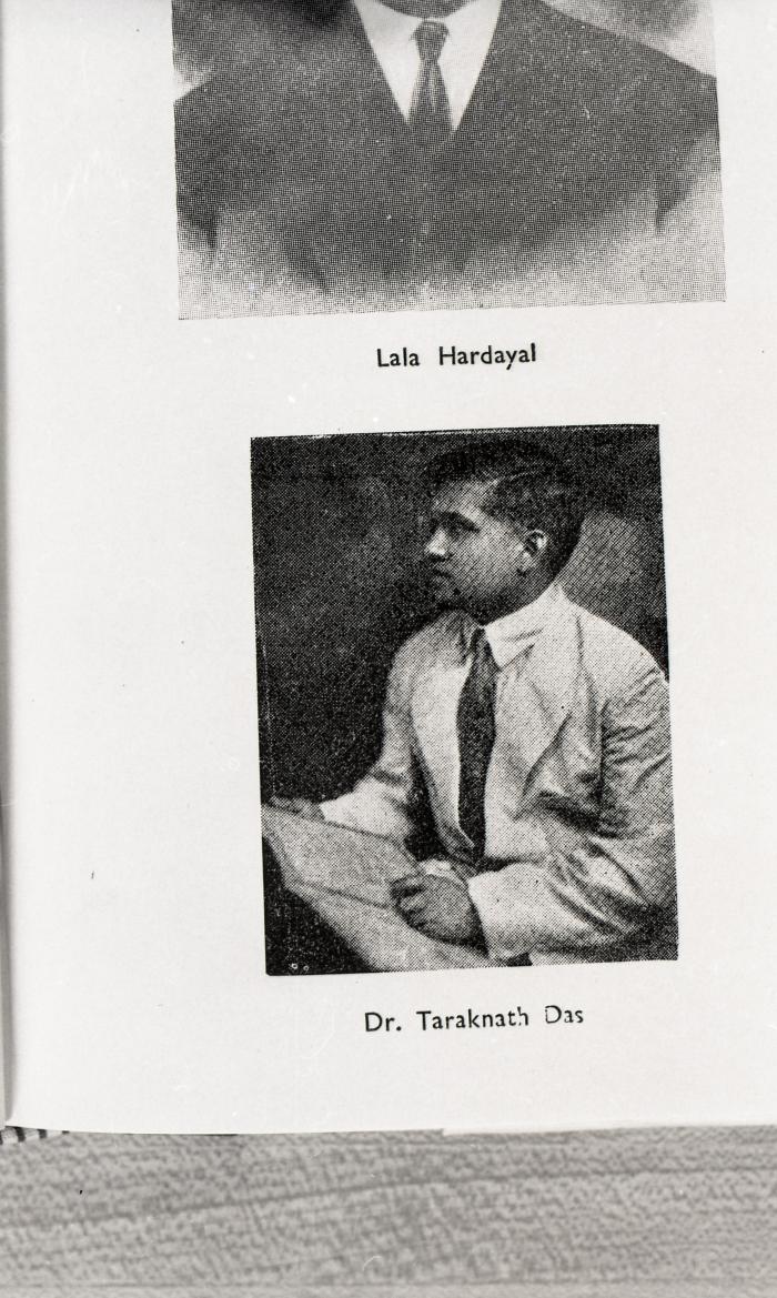 [Page from a book with photos of Dr. Taraknath Das and Lala Hardayal]