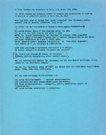 [Typewritten notes on "The Orientals in B.C." by J. Ross Tolmie]