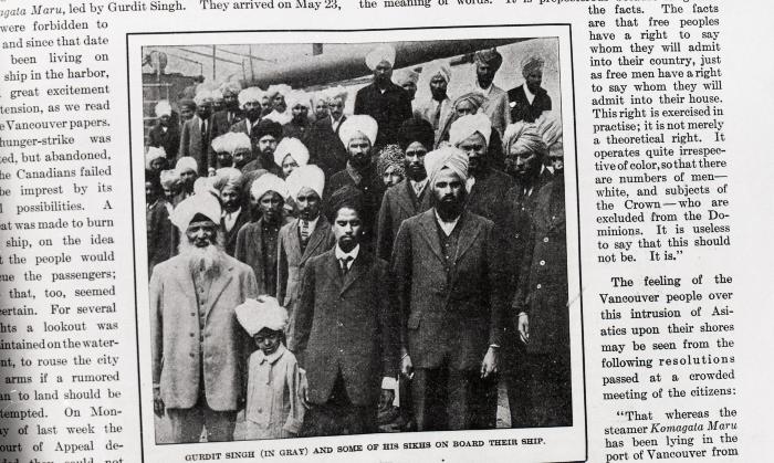 [Newspaper clipping of a photo of Gurdit Singh and a group of Sikh men on Komagata Maru]