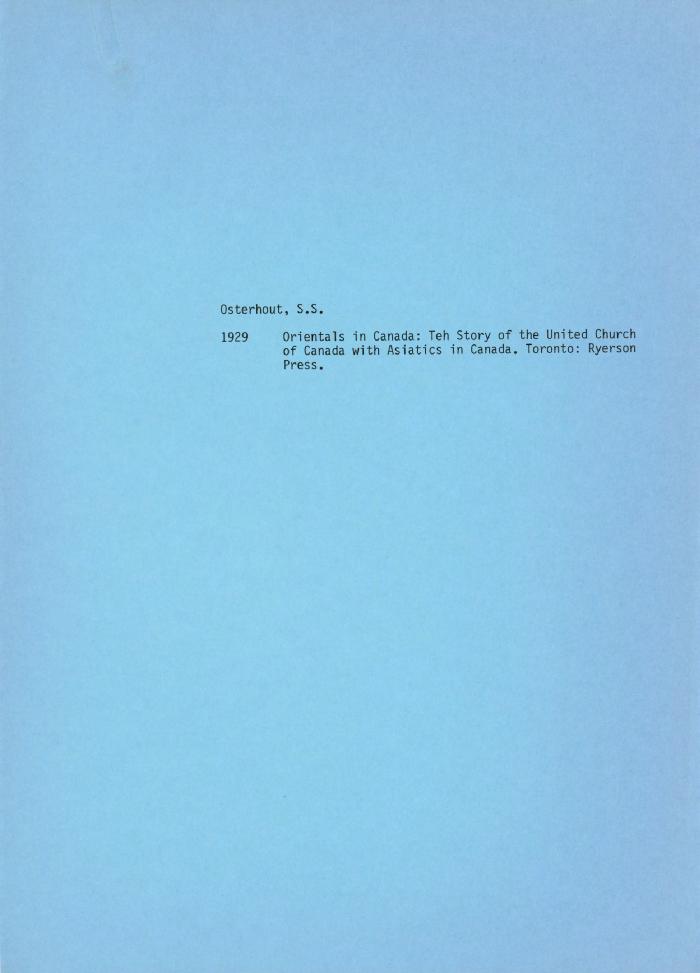 [Handwritten notes on "Orientals in Canada: The Story of the United Church of Canada with Asiatics in Canada"]