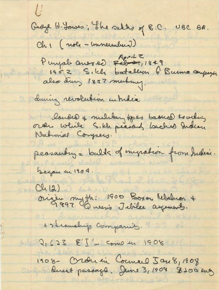 [Handwritten notes on the essays, "Sikhs of British Columbia" and "A Glance at B. C. and Vancouver Island in 1861"]
