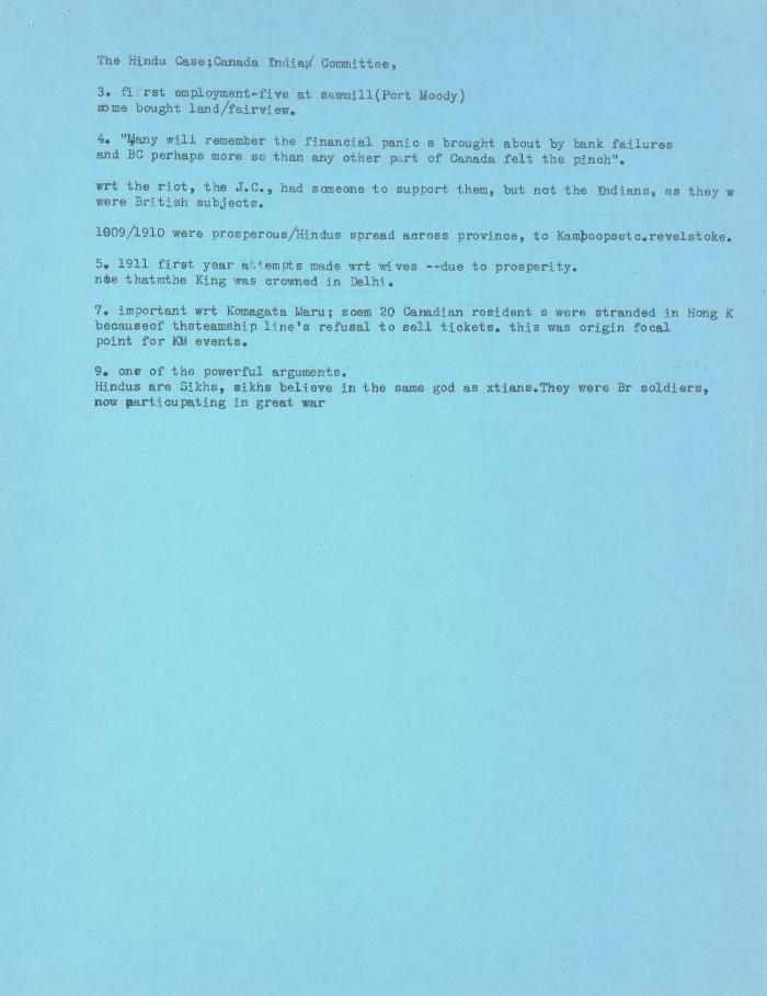 [Typewritten notes on "The Hindu Case"]