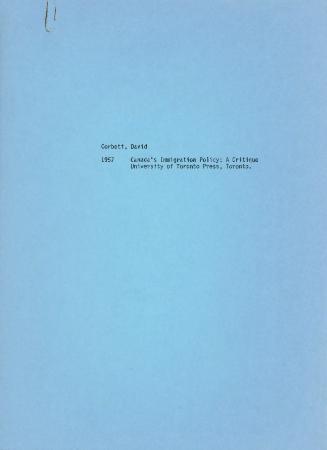 [Handwritten notes on "Canada's Immigration Policy: A Critique" by David Corbett]