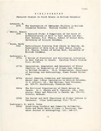 Bibliography (Research Studies on South Asians in British Columbia)