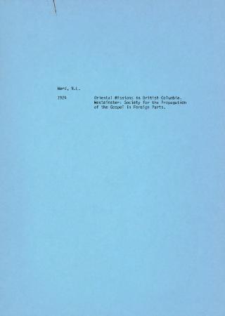 [Handwritten notes on "Oriental Missions in British Columbia" by N. L. Ward]