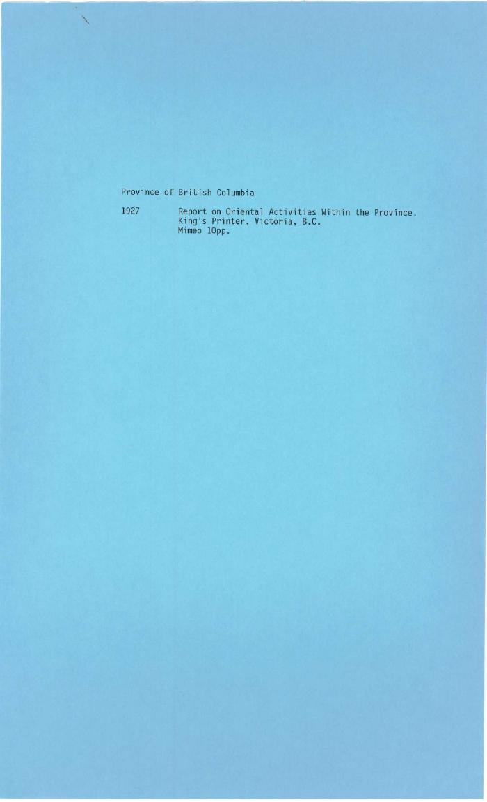 Report on Oriental Activities within the Province