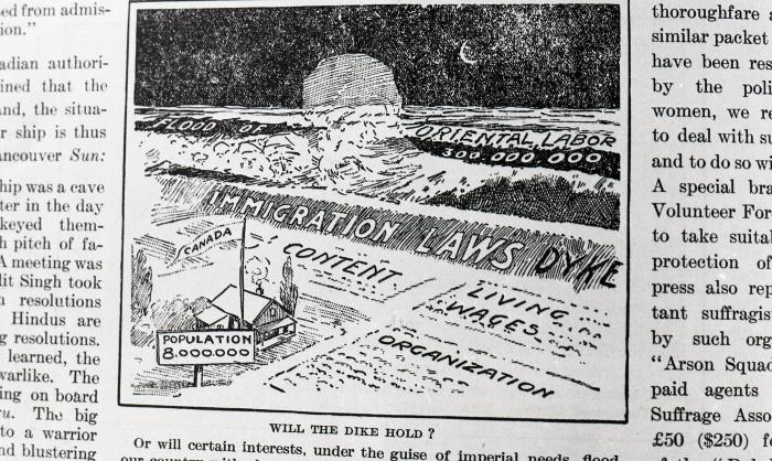 [Newspaper clipping of a cartoon related to immigration laws]