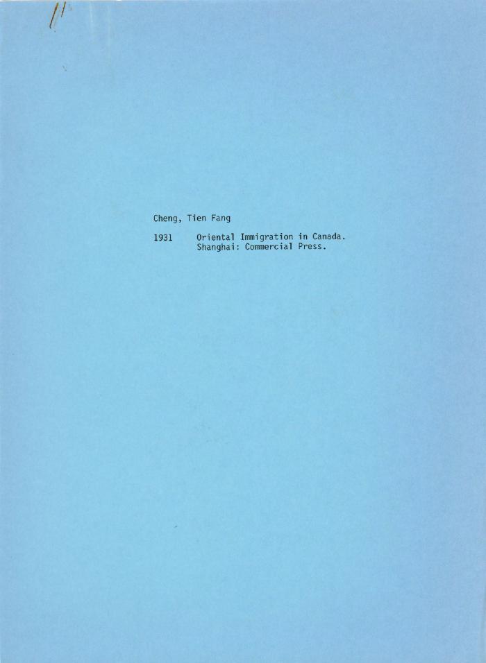 [Handwritten notes on "Oriental Immigration in Canada"]