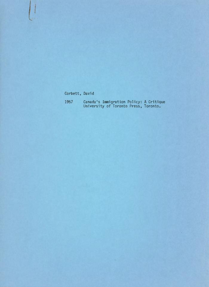[Handwritten notes on "Canada's Immigration Policy: A Critique" by David Corbett]