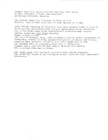 [Typewritten notes on excerpt of "Sedition Committee Report, CD2844, Home Department"]