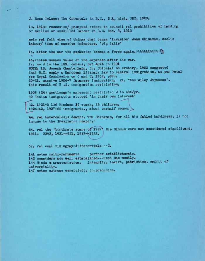 [Typewritten notes on "The Orientals in B.C." by J. Ross Tolmie]