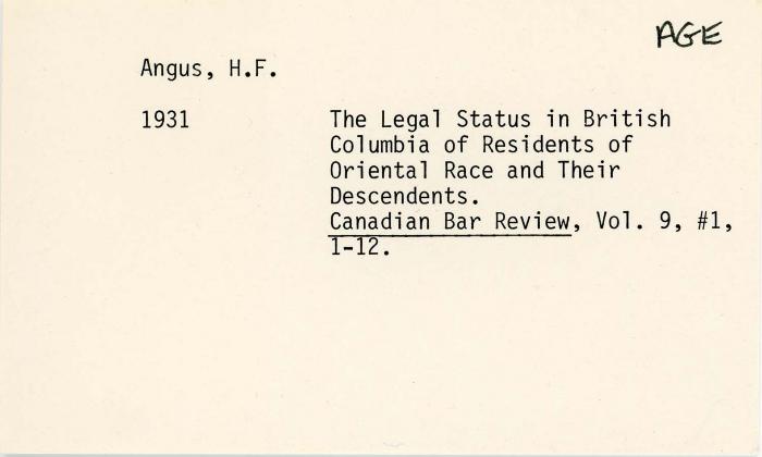 [Index card - Angus, H. F.]