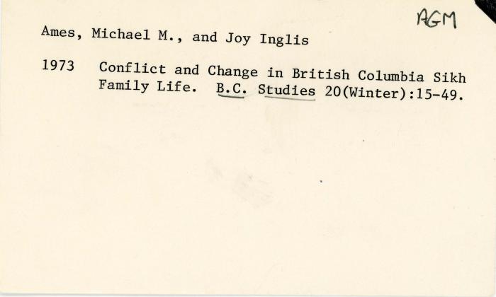 [Index card - Ames, Michael M. and Joy Inglis]