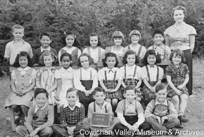 [Group of unidentified school children and teacher at Mayo School posing for class portrait]