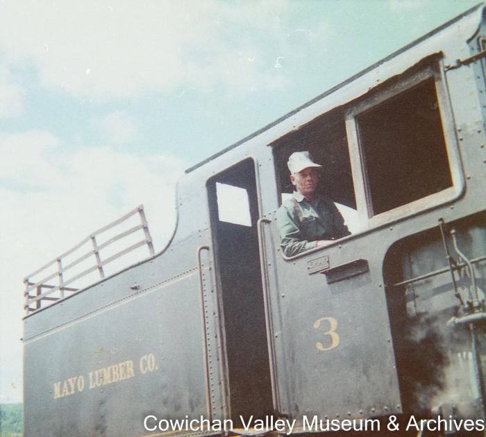 [Clarence Martin in Mayo Lumber Co. locomotive number three]