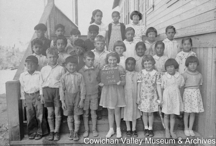 [Group of unidentified school children at Mayo School posing for class portrait]