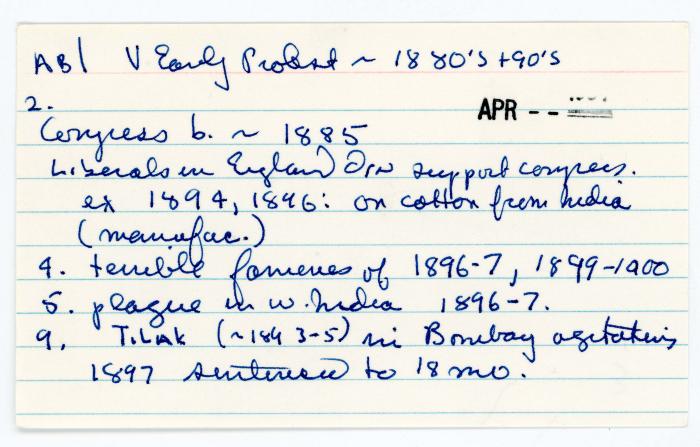 [Index card - AB 1 V Early Protest - 1880s + 90s]