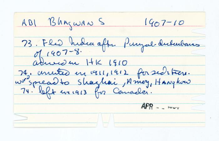 [Index card - AB1 Bhagwan S 1907-10]