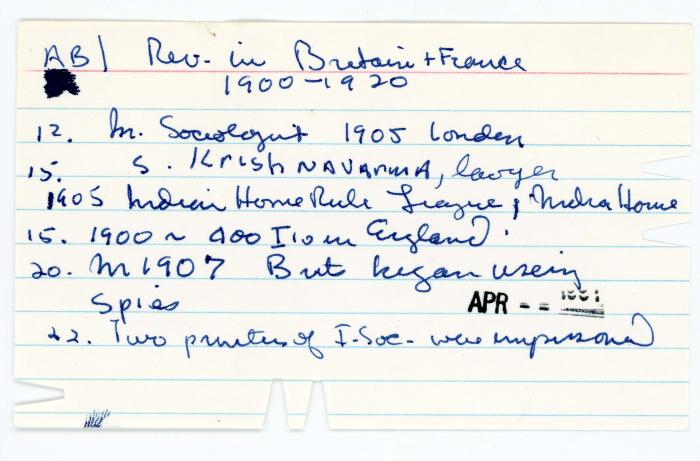 [Index card - ab1 rev in Britain+France 1900-1920]
