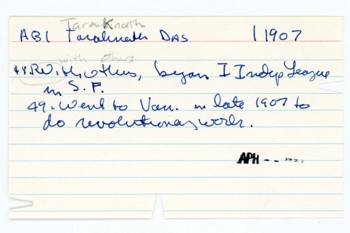 [Index card - AB1 Taraknath Das 1907]