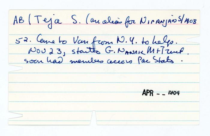 [Index card - AB|Teja S. [?] for Hiranj and S|1908]