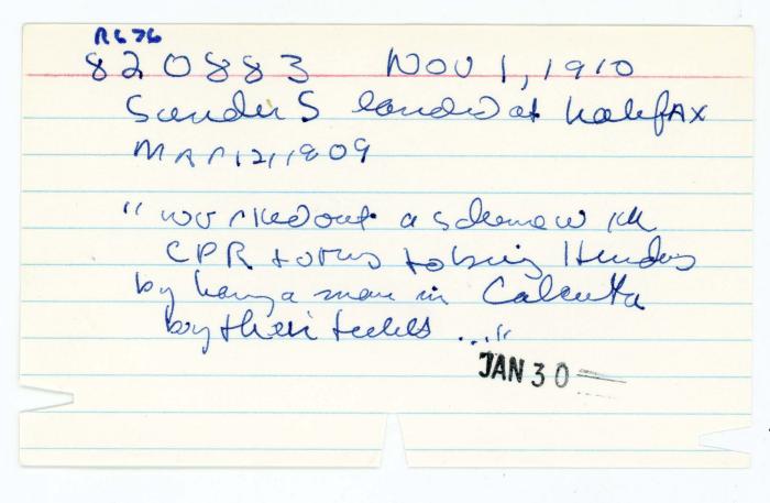 [Index card - 820883 Nov1, 1910]