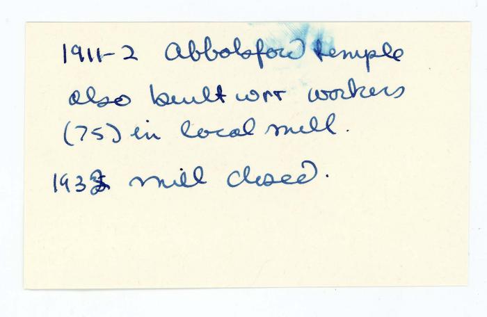 [Index card - 1911-2 Abbotsford temple]