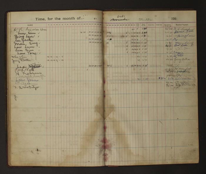 [Pages from Mayo Lumber Company monthly payroll book, 1915-1917]