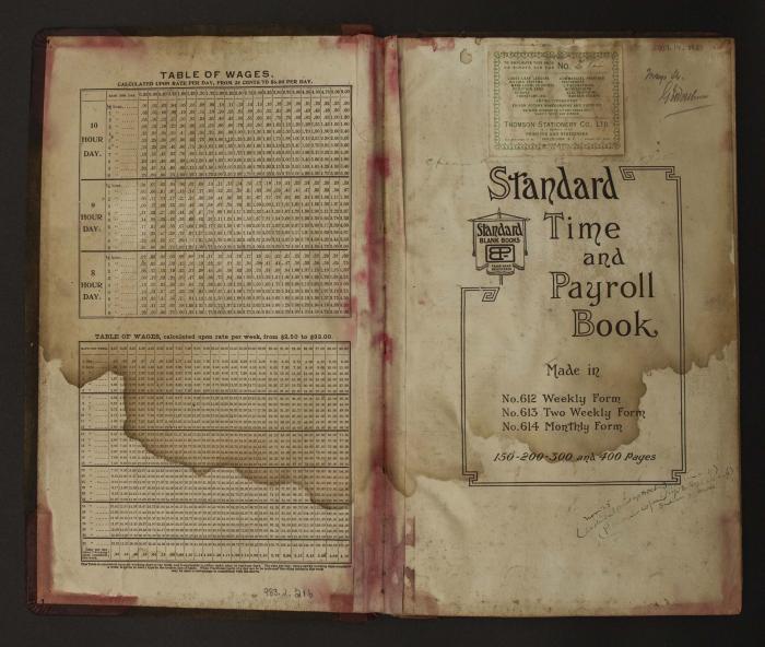 [Internal cover of Mayo Lumber Company monthly payroll book,1915 -1917]