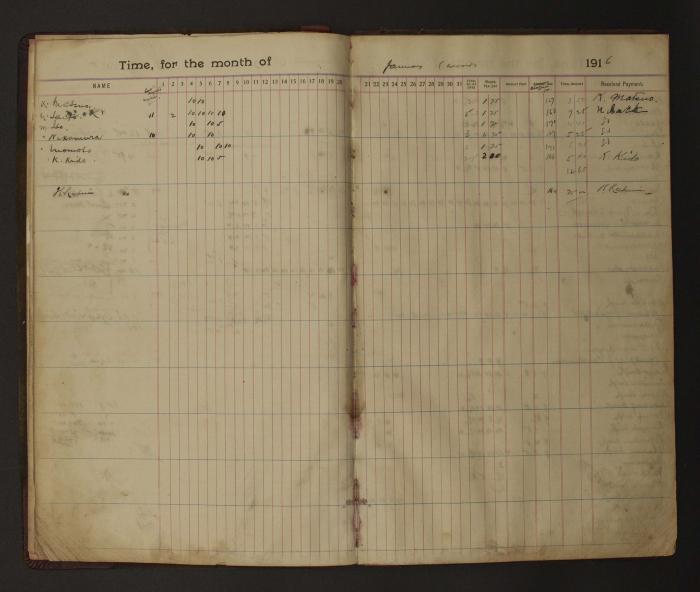 [Pages from Mayo Lumber Company monthly payroll book, 1915-1917]