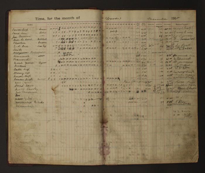 [Pages from Mayo Lumber Company monthly payroll book, 1915-1917]
