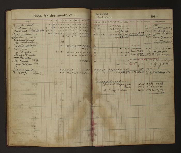 [Pages from Mayo Lumber Company monthly payroll book, 1915-1917]